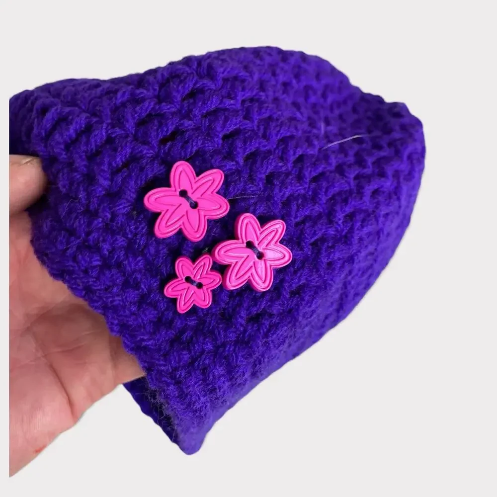 Hand Knit Crochet Girls Hat Beanie Purple with Pink Flower Buttons